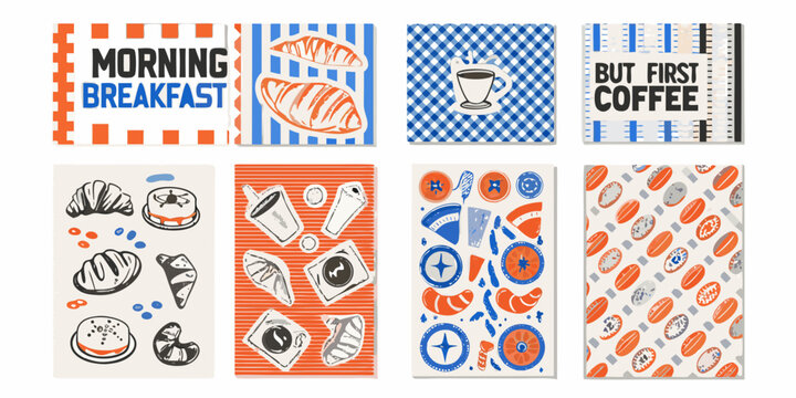 collection of ten retro style breakfast and coffee cards with colorful patterns pattern morning food beverage illustration