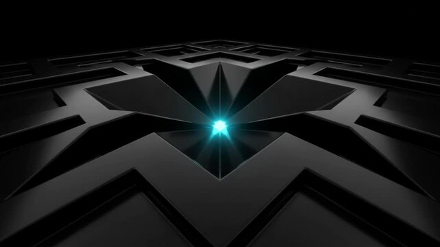 暗黒空間に浮かぶ幾何学的なエネルギー地形。量子アニーリングの最適化プロセスで光が谷底へ収束するCG映像