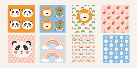 adorable pastel colored nursery wall art collection featuring panda lion rainbow patterns animal illustration vector design childish © Dibyendu