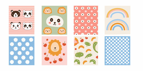 adorable pastel colored nursery wall art collection featuring cute animals and patterns panda lion rainbow stripes dots © Dibyendu