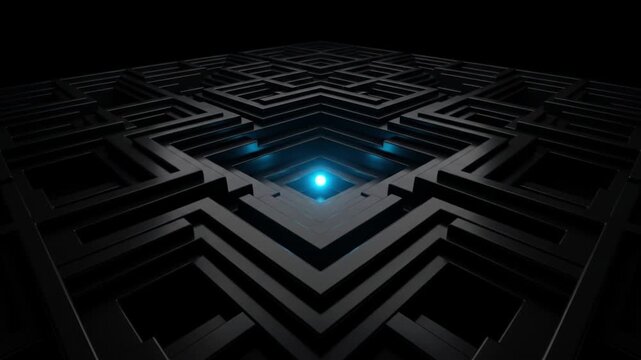 暗黒空間に浮かぶ幾何学的なエネルギー地形。量子アニーリングの最適化プロセスで光が谷底へ収束するCG映像