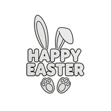 "Happy Easter" text in bubbly black and white with stylized rabbit ears and paw prints, presented on a transparent background with sharp focus, a modern minimalist holiday concept