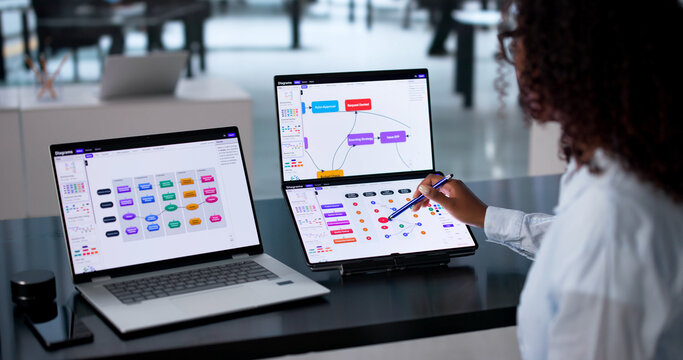 Young African American Woman Using Dual Touchscreen Laptop