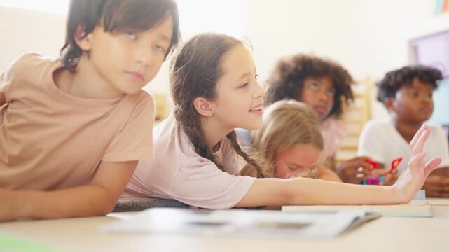 Group of Diverse children playing together in classroom with teacher supporting early learning education social development teamwork creative play preschool activity and positive childhood growth