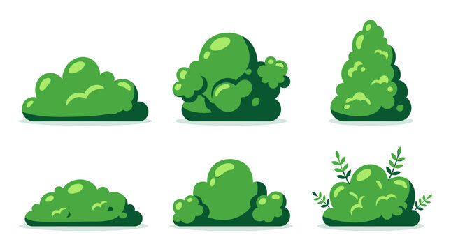 Set of pixel art green bushes for game environment design, forest landscape elements, nature