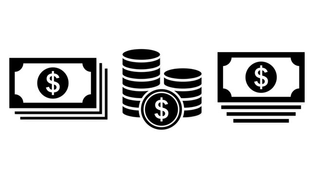 Set of black money icons with dollar bills and coin stacks, financial symbols for banking apps