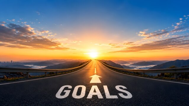 Straight open asphalt road leading toward a bright rising sun with goals text painted on the highway surface, symbolizing future career vision and motivation