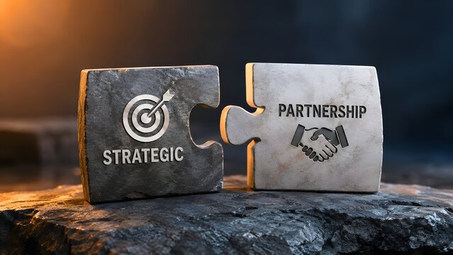 Two stone puzzle pieces coming together with strategic partnership text, target, and handshake icons, representing solid business alliance and contract agreement