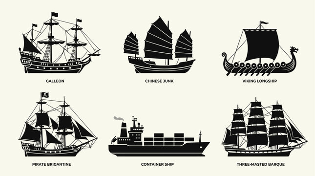 Flat 2D Ship Designs Black and White Vector Set with Galleon, Chinese Junk, Viking Longship, Pirate Brigantine, Container Ship, and Three-Masted Barque in Bold Minimalist Style for Icons, Logos, and P