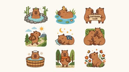 Fototapeta premium Cute 2D Flat Capybara Designs Sticker Set with Onsen Bath, Duck Friend, Club Sign, Hiking, Sleeping, Cuddling, Wooden Tub, Scarf, and Flower Poses in Chibi Cartoon Vector Style for Planners and Merch