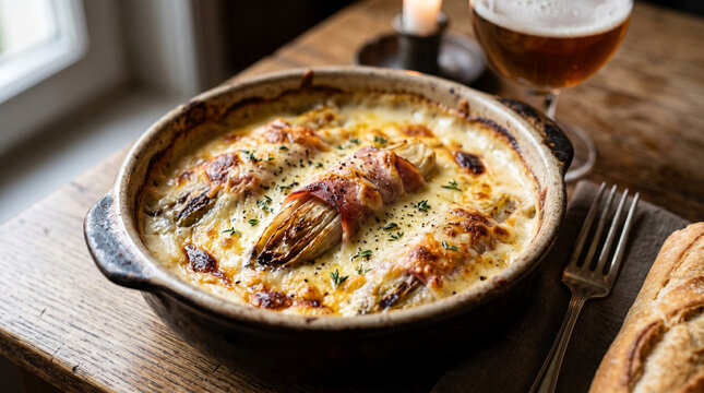 Chicon au gratin, vegetable dish plated melted cheese