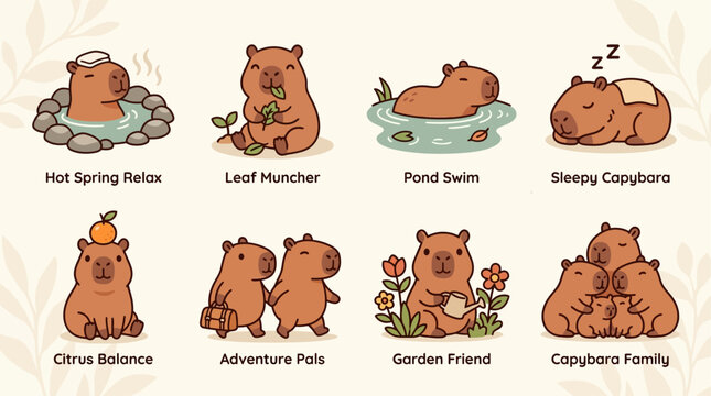 Adorable 2D Flat Capybara Designs Sticker Sheet with Hot Spring Relax, Leaf Muncher, Pond Swim, Sleepy, Citrus Balance, Adventure Pals, Garden Friend, and Family Poses in Cute Chibi Cartoon Style