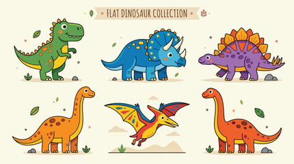 Cute 2D Flat Dinosaur Collection Poster with Green T-Rex, Blue Triceratops, Purple Stegosaurus, Orange Brachiosaurus, Colorful Pterodactyl, and Long Neck Dinosaur in Cartoon Style for Kids and School © Restu