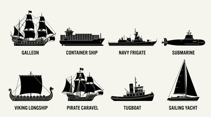 Flat 2D Ship Designs Black and White Vector Collection with Galleon, Container Ship, Navy Frigate, Submarine, Viking Longship, Pirate Caravel, Tugboat, and Sailing Yacht in Minimalist Style for Icons  © Restu