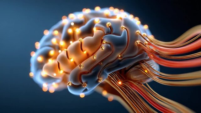 The Digital Brain: A stylized 3D illustration of a human brain, adorned with glowing nodes and connected by vibrant, flowing wires, symbolizing connectivity, thought, and artificial intelligence.