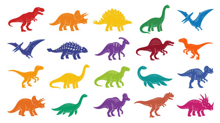 Obraz premium Colorful Flat Design Dinosaur Silhouettes Collection for Kids' Education and Prehistoric Animal Themes