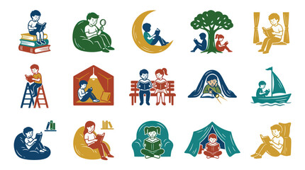 Fototapeta premium Kids Reading Books in Various Settings - Education Learning Flat Vector Illustration Collection