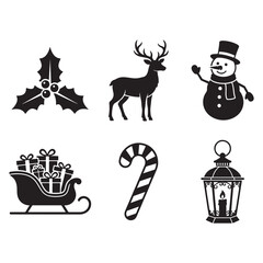 Fototapeta premium Christmas holiday vector illustration set featuring black silhouette icons of seasonal symbols for festive graphic design