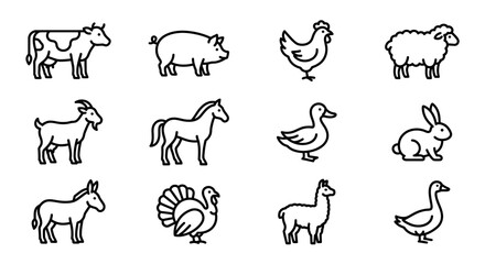 Obraz premium Farm Animals Icon Set: Cow, Pig, Chicken, Sheep, Goat, Horse, Duck, Rabbit, Donkey, Turkey, Llama, Goose