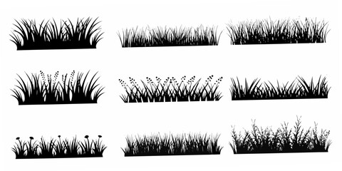 Black Silhouette Grass Illustrations With Floral Elements On White Background © Rakesh
