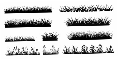 Black Silhouette Grass Illustrations With Flowers Isolated On White © Rakesh