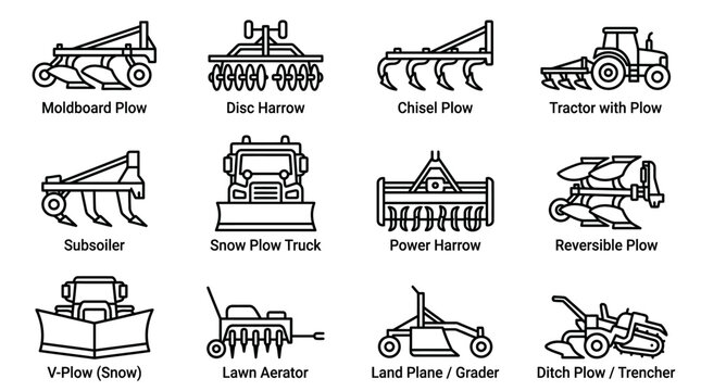 Agricultural Farming Equipment Icons: Plows, Harrows, Graders, Tractors, Snow Trucks