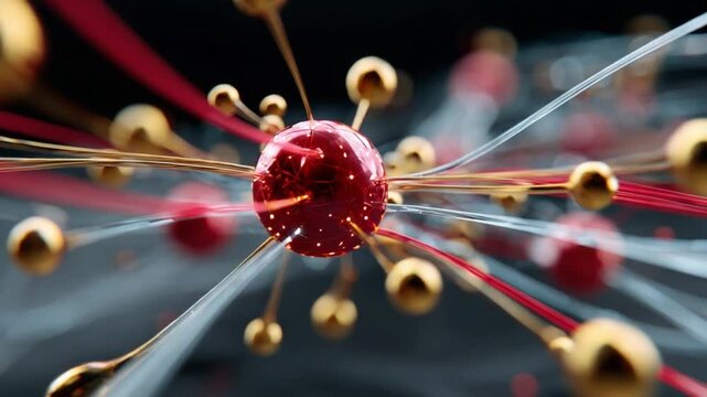 Abstract Molecular Connection: A vibrant red central nucleus pulses with energy, connected by glowing filaments to surrounding golden spheres.
