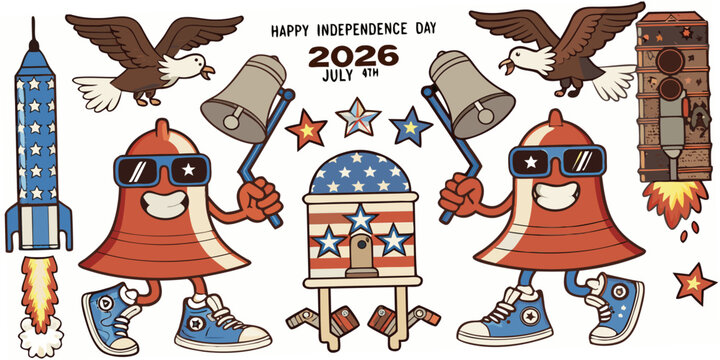 Cartoon Style Illustration Of Liberty Bells Fireworks And Patriotic Symbols