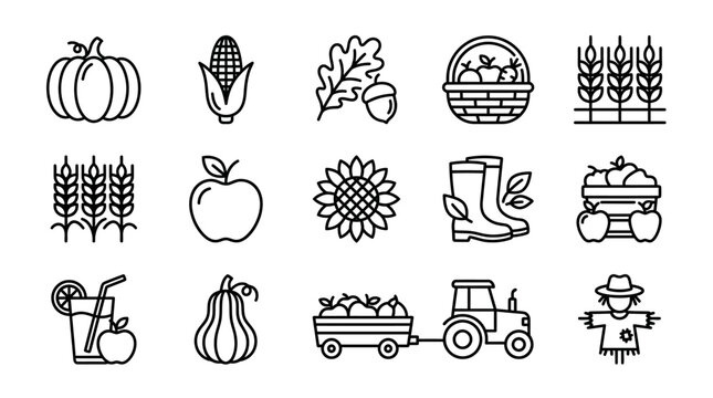 Autumn Harvest Icons: Pumpkin, Corn, Apple, Wheat, Tractor, Scarecrow