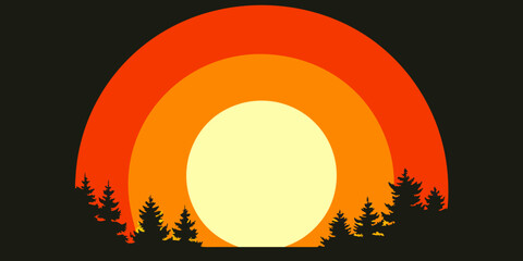 Retro Sunset Scene With Silhouetted Trees Vector Illustration © Sabuj