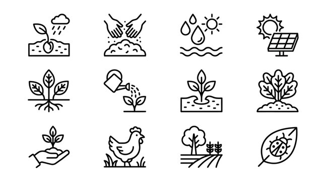 Gardening and Farming Icons: Seedling Growth, Watering, Solar Power, Chicken, Farm Landscape