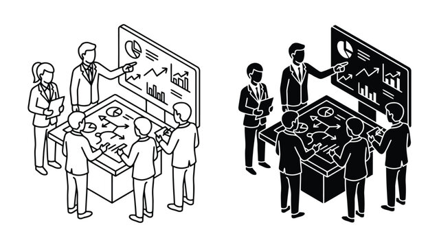 Business team analyzing data on interactive digital touchscreen table icon set