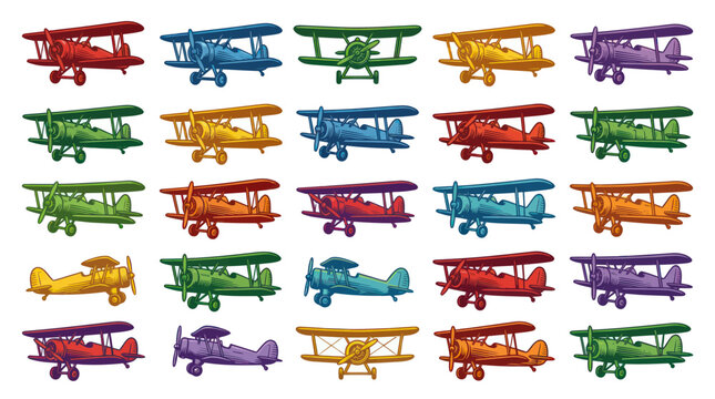 Collection of Retro Cartoon Biplanes - Colorful Vintage Aviation Aircraft Vector Illustration Set