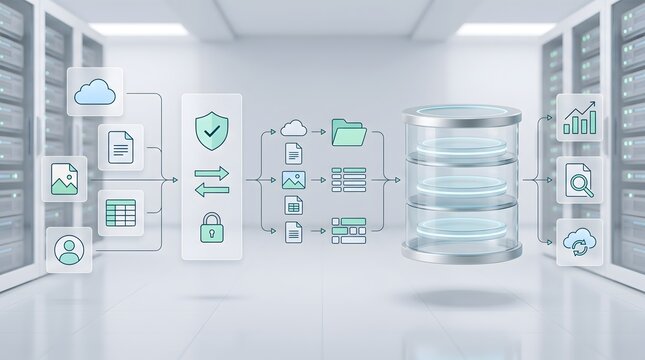 Secure enterprise data pipeline architecture demonstrating information transfer and centralized database storage