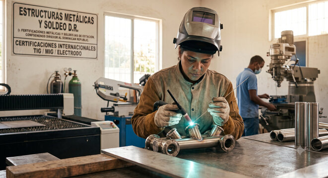 Mujer soldadora profesional con careta protectora trabajando en un taller de estructuras met&aacute;licas