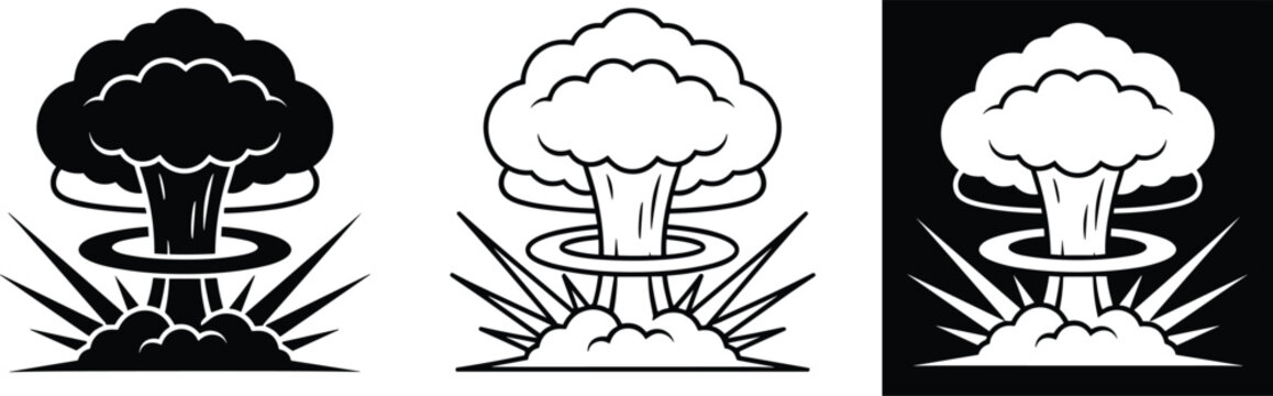 Mushroom cloud explosion icon set featuring atomic bomb blast silhouettes outline design and white reverse negative space styles vector