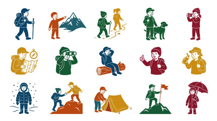 Fototapeta premium Outdoor Adventure Glyph Icons. Kids Adults Hiking, Camping Nature Exploration Flat Illustrations.