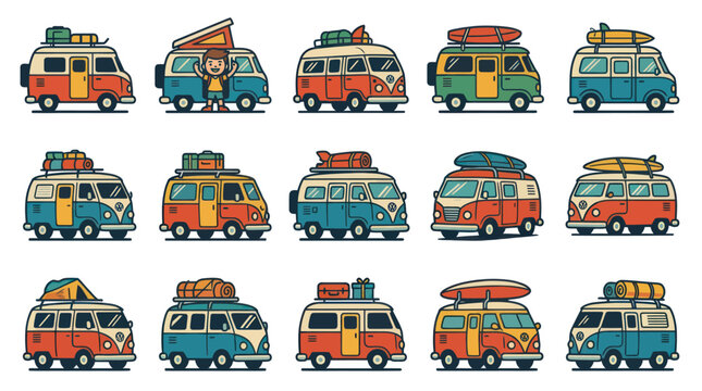Retro Camper Van Vanlife Illustration Set - Flat Style