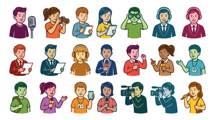 Fototapeta premium Diverse Cartoon Illustration Set of Journalism and News Media Professionals: Reporters, Anchors, and Cameramen Characters