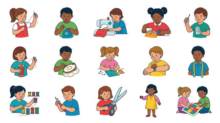 Fototapeta premium Kids Sewing and Crafts: Children Doing Needlework, Embroidery, and Quilting