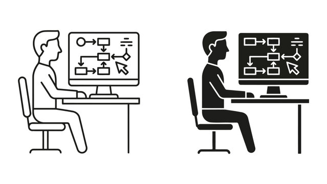 Business workflow planning on computer screen icon with workflow, planning