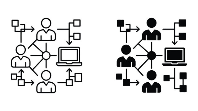 Business network people and computer data exchange icon set with connection