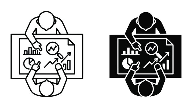 Business team analyzing data charts on table icon set with analysis, business