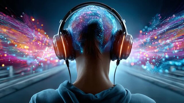 Abstract Brainwave Symphony: A person wearing headphones experiences an explosion of colorful light and sound emanating from their head.