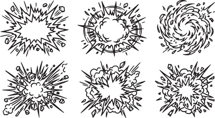 Six different cartoon comic explosion blast effects with debris and smoke isolated on transparent background collection. © dkzone09 