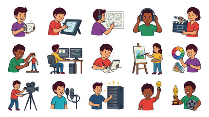 Fototapeta premium Diverse Creative Professions, Digital Arts, and Media Activities Flat Vector Illustration Set
