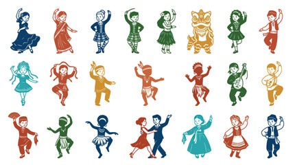 Obraz premium Diverse Children in Traditional Costumes Dancing, Vector Stock Art