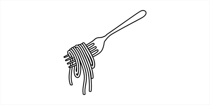 Simple line art illustration of spaghetti pasta noodles wrapped around a metal fork for dining and cooking concepts