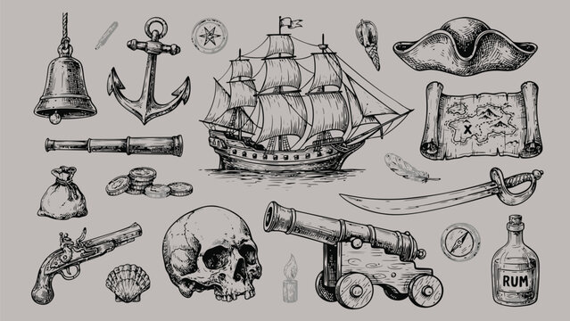 Vintage pirate adventure hand drawn doodle set with ship treasure map skull cannon anchor and rum bottle on grey