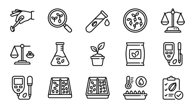 Agriculture Science Icons: Plant Research, Soil Testing, Seed Germination, Lab Analysis